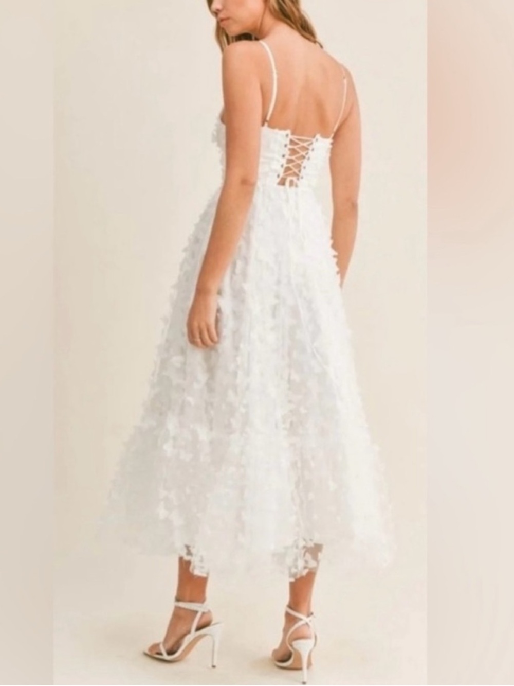 Thirty Thirty L.A. 3D Butterfly Appliqué Midi Dress - Ivory Lace Up XS